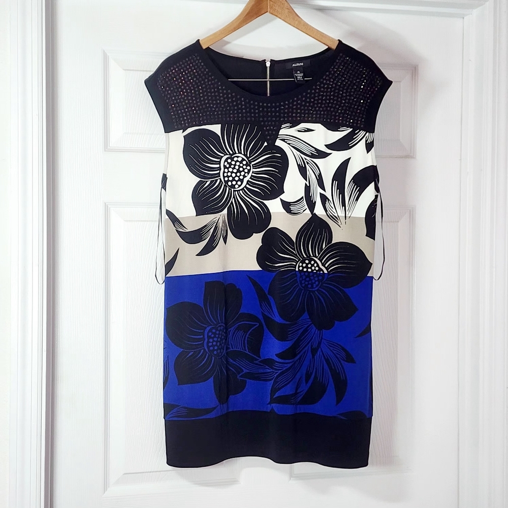 Alfani Sleeveless Shift Dress Size Xl Black & Blue Abstract Print - Picture 3 of 4